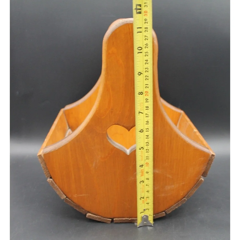 Vintage Wooden Basket Caddy Heart Cutout Handle Country Farmhouse 11